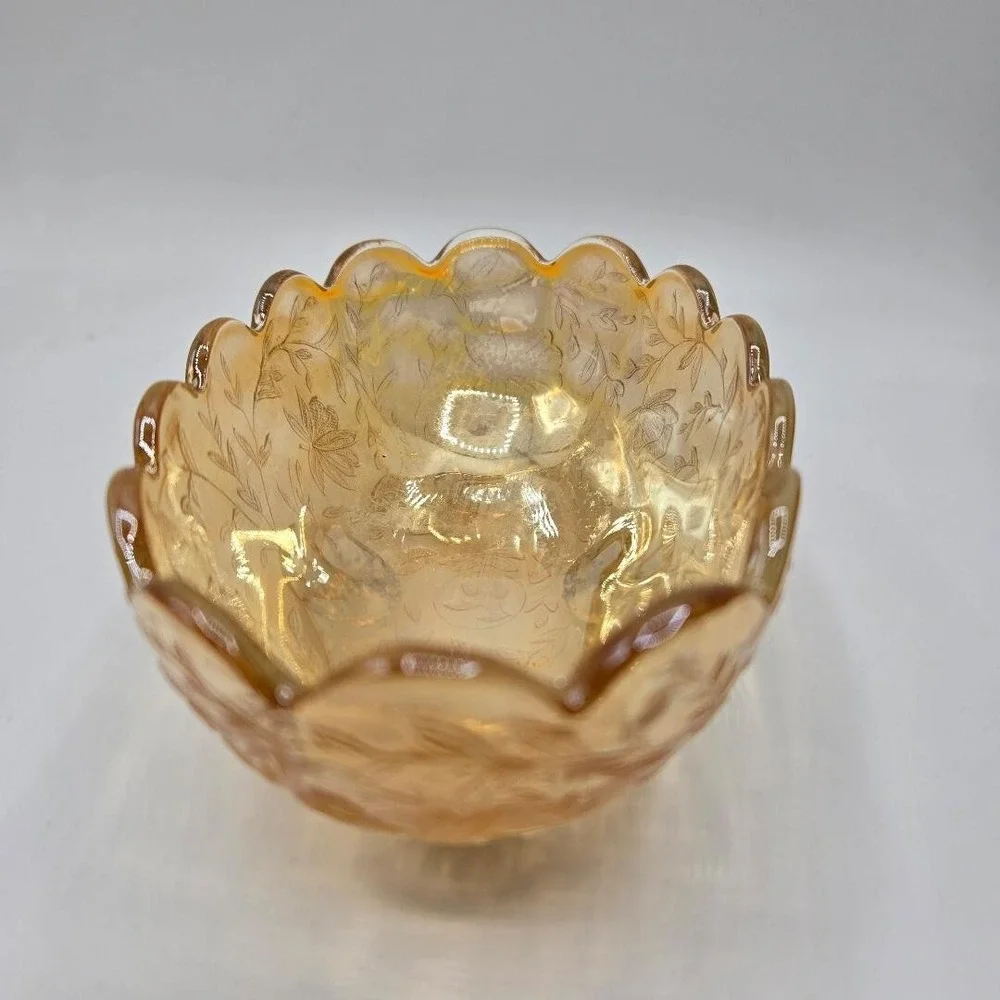 Vintage Jeannette Glass Floragold Louisa Pattern Small Oval 4-Footed Bowl EUC